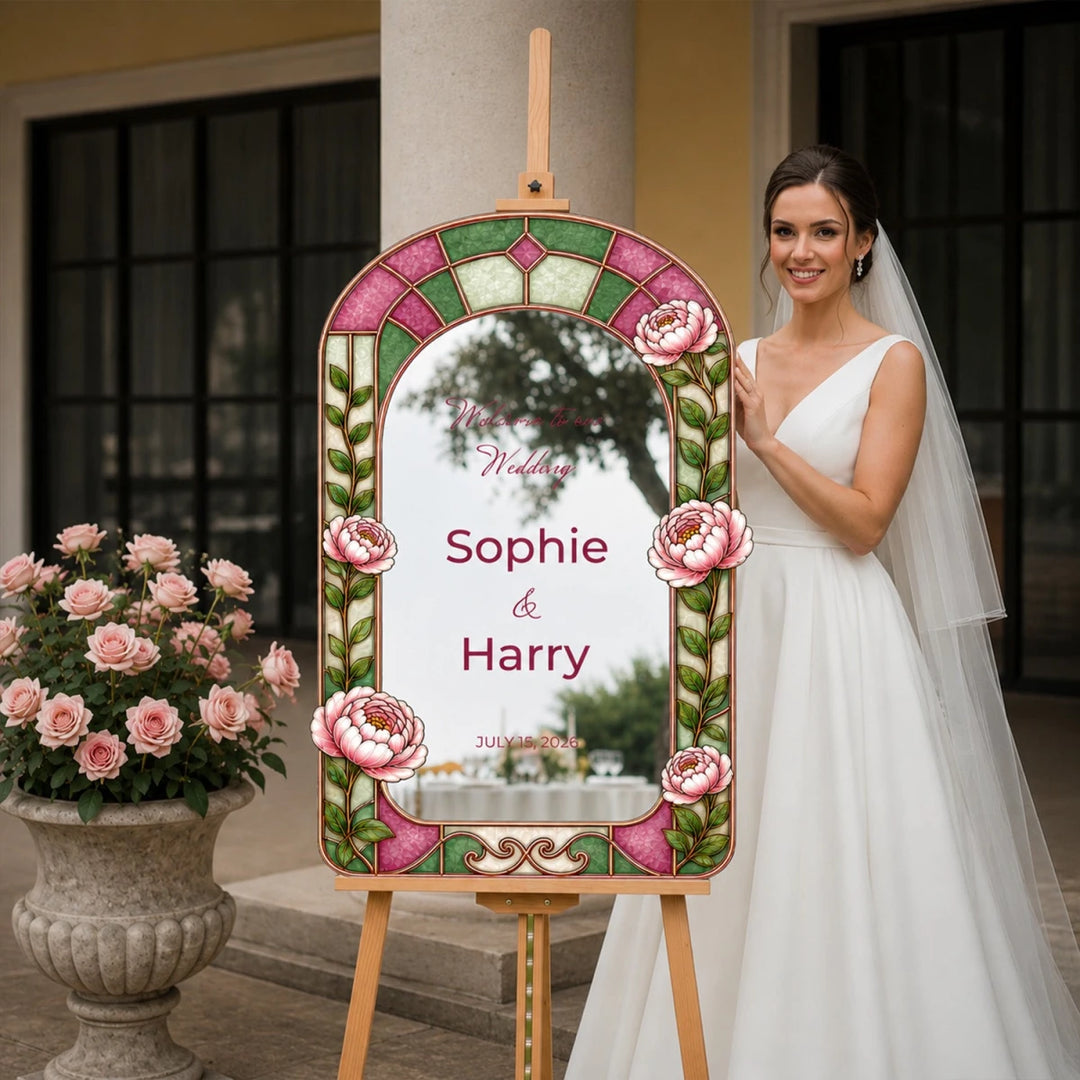 Pink Peony Stained Glass Wedding Welcome Sign — Green & Pink Arch - SpeedyOrders