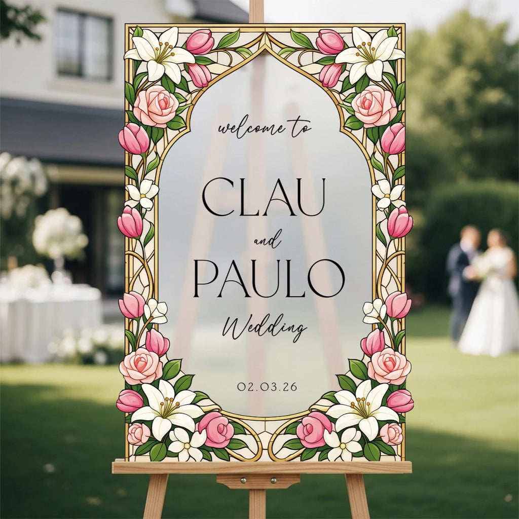 Pink Rose & Lily Stained Glass Wedding Sign · Gold Frame | SpeedyOrders