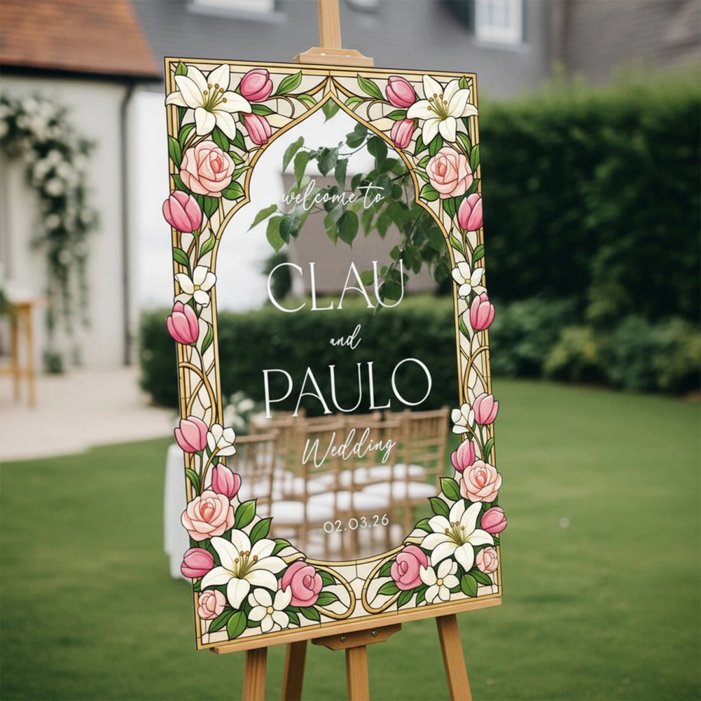 Pink Rose & Lily Stained Glass Wedding Sign · Gold Frame | SpeedyOrders