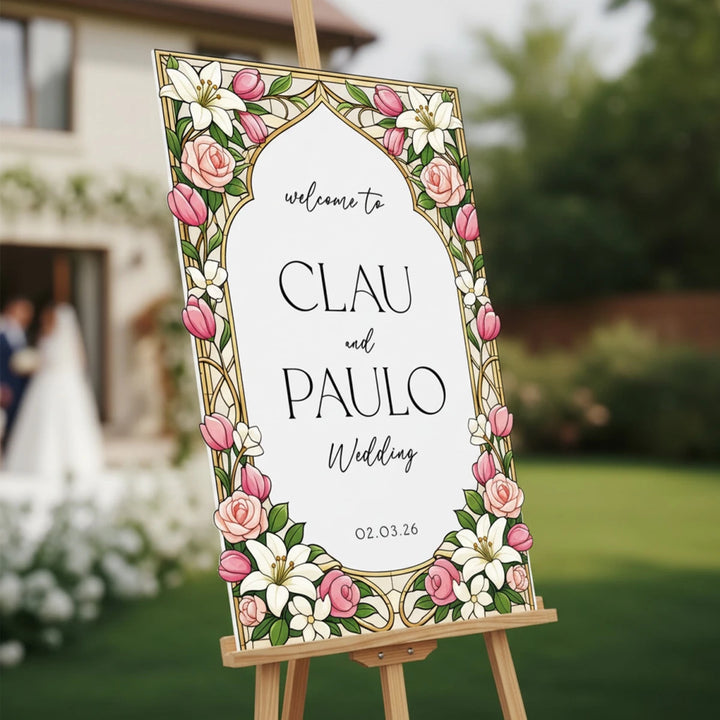 Pink Rose & Lily Stained Glass Wedding Sign · Gold Frame | SpeedyOrders