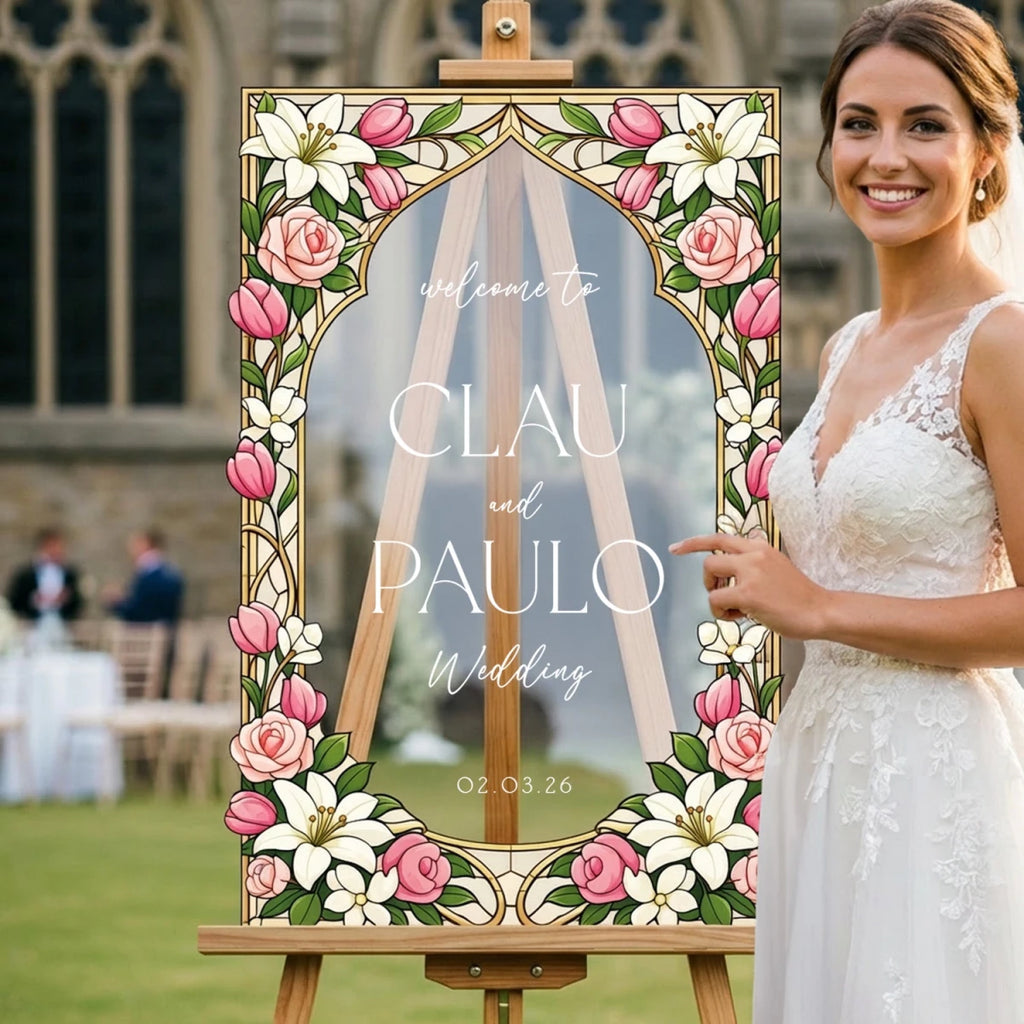 Pink Rose & Lily Stained Glass Wedding Sign · Gold Frame | SpeedyOrders