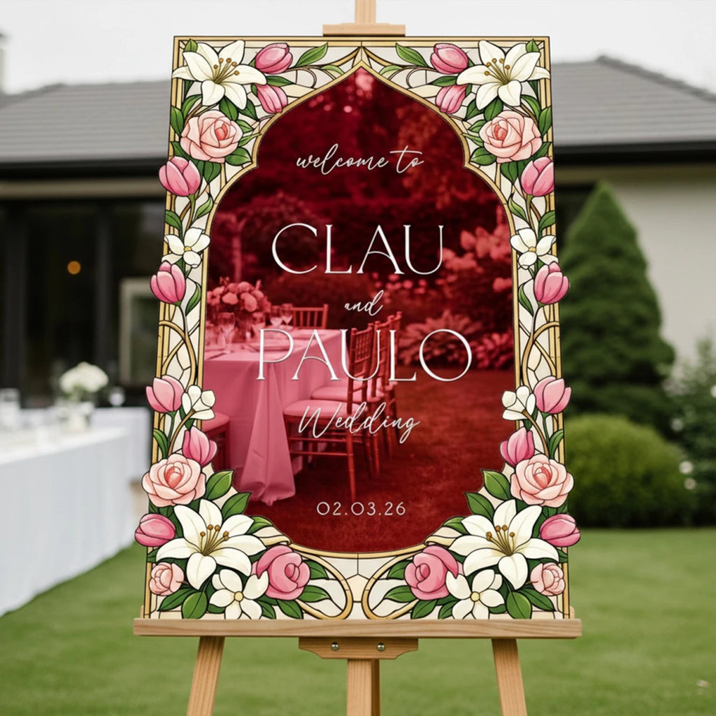 Pink Rose & Lily Stained Glass Wedding Sign · Gold Frame | SpeedyOrders