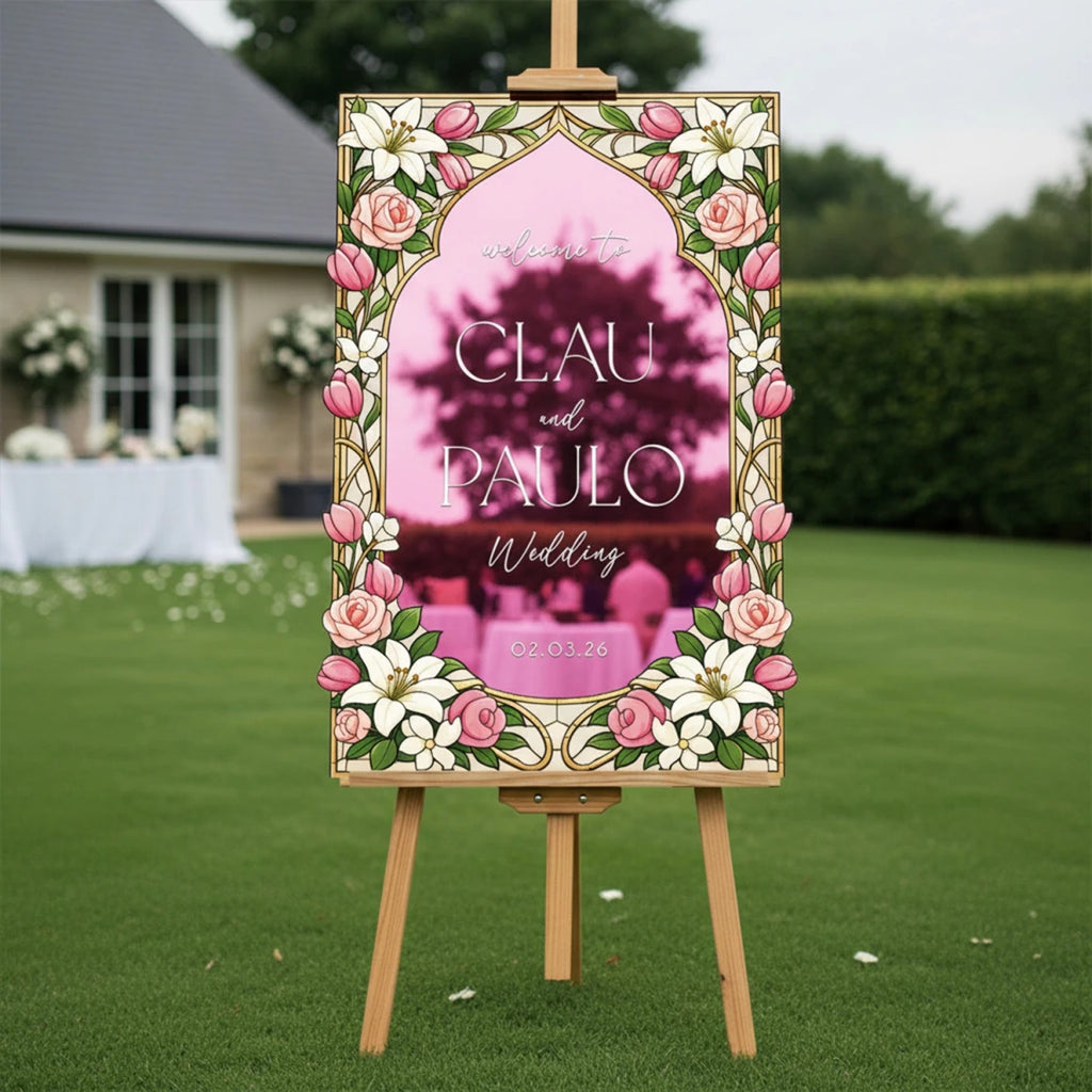 Pink Rose & Lily Stained Glass Wedding Sign · Gold Frame | SpeedyOrders