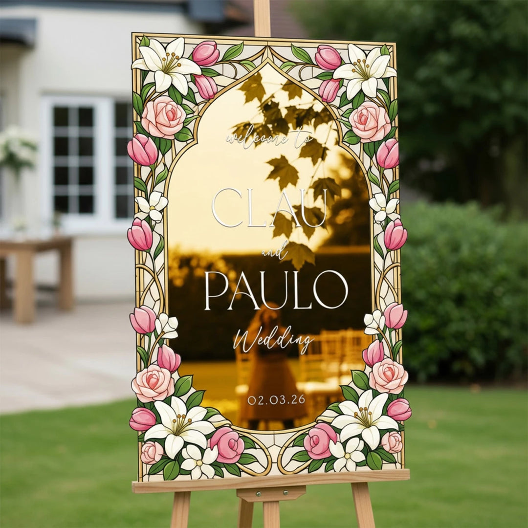 Pink Rose & Lily Stained Glass Wedding Sign — Gold Art Deco Frame - SpeedyOrders