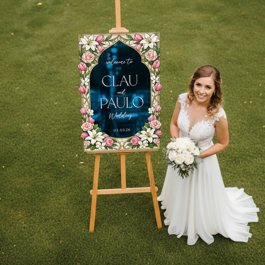 Pink Rose & Lily Stained Glass Wedding Sign · Gold Frame | SpeedyOrders