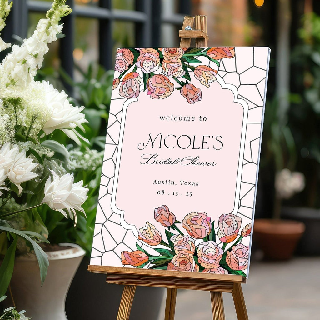 Pink Roses Acrylic Bridal Shower Sign, Floral Bridal Shower Welcome Signs - SpeedyOrders