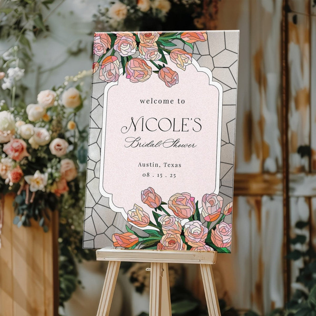 Pink Roses Acrylic Bridal Shower Sign, Floral Bridal Shower Welcome Signs - SpeedyOrders