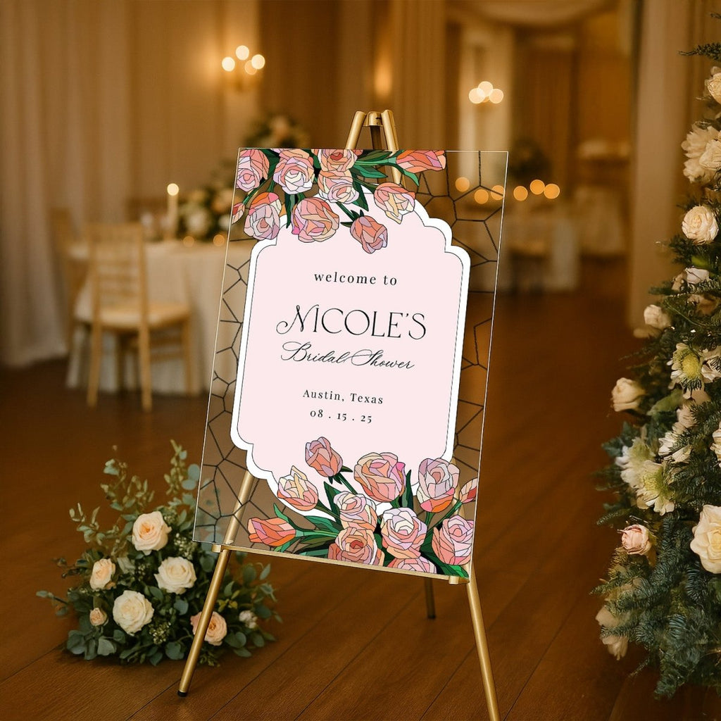 Pink Roses Acrylic Bridal Shower Sign, Floral Bridal Shower Welcome Signs - SpeedyOrders