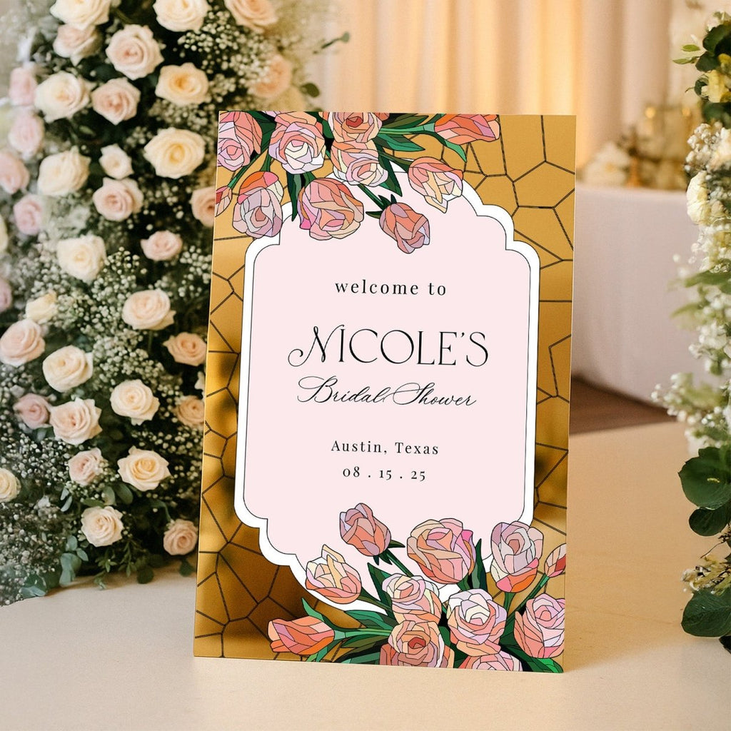 Pink Roses Acrylic Bridal Shower Sign, Floral Bridal Shower Welcome Signs - SpeedyOrders