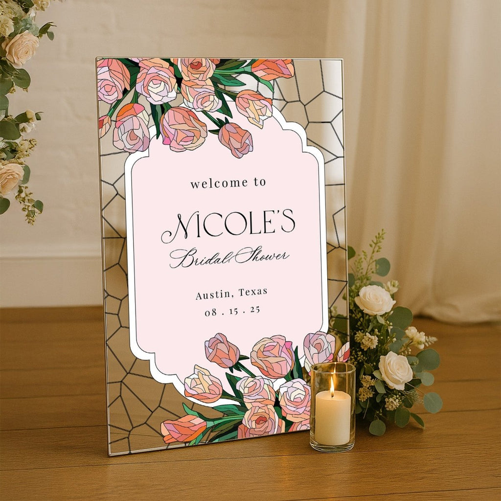 Pink Roses Acrylic Bridal Shower Sign, Floral Bridal Shower Welcome Signs - SpeedyOrders
