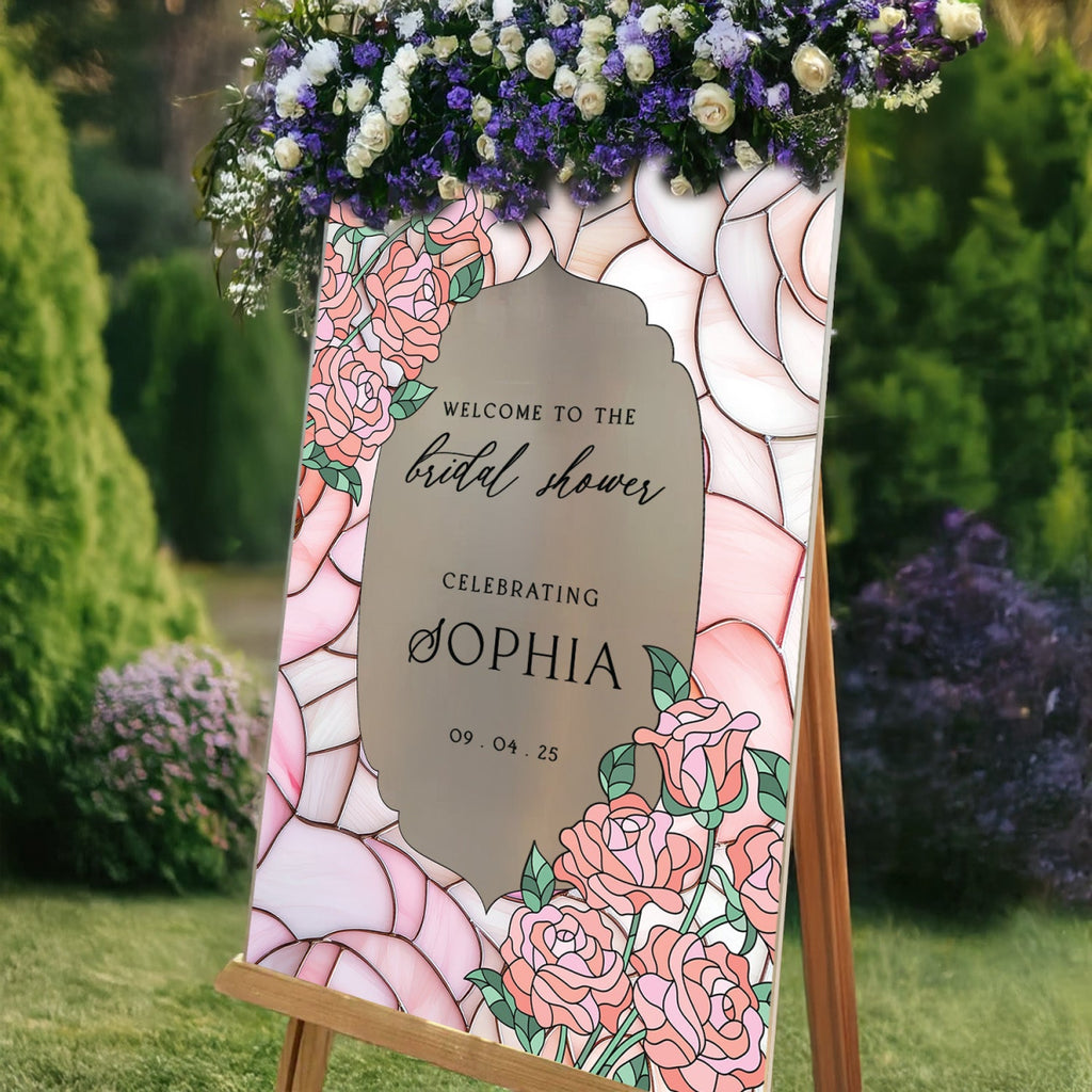Pink Roses Bridal Shower Sign, Mirror Bridal Shower Welcome Sign - SpeedyOrders