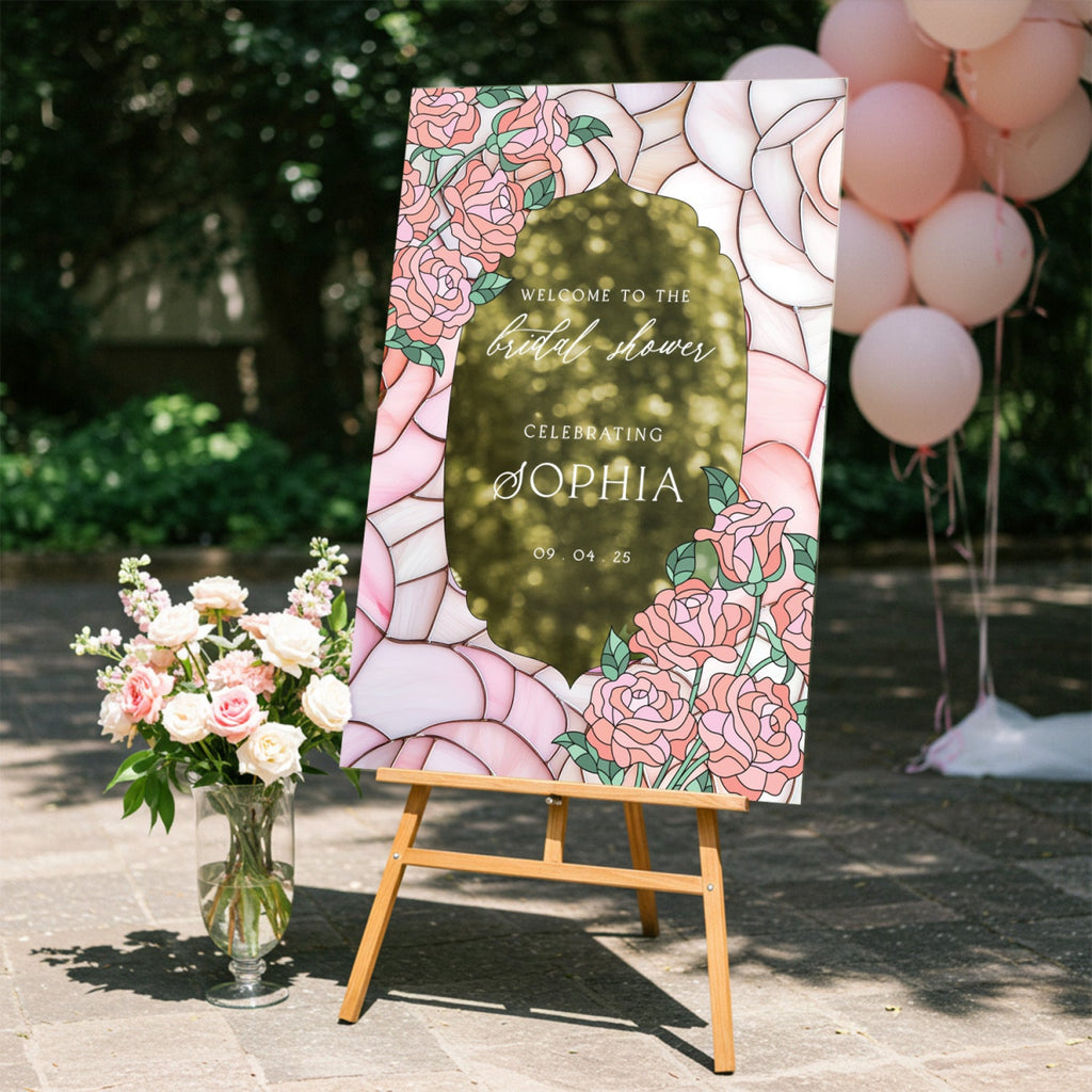 Pink Roses Bridal Shower Sign, Mirror Bridal Shower Welcome Sign - SpeedyOrders