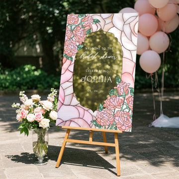 Pink Roses Bridal Shower Sign, Mirror Bridal Shower Welcome Sign - SpeedyOrders