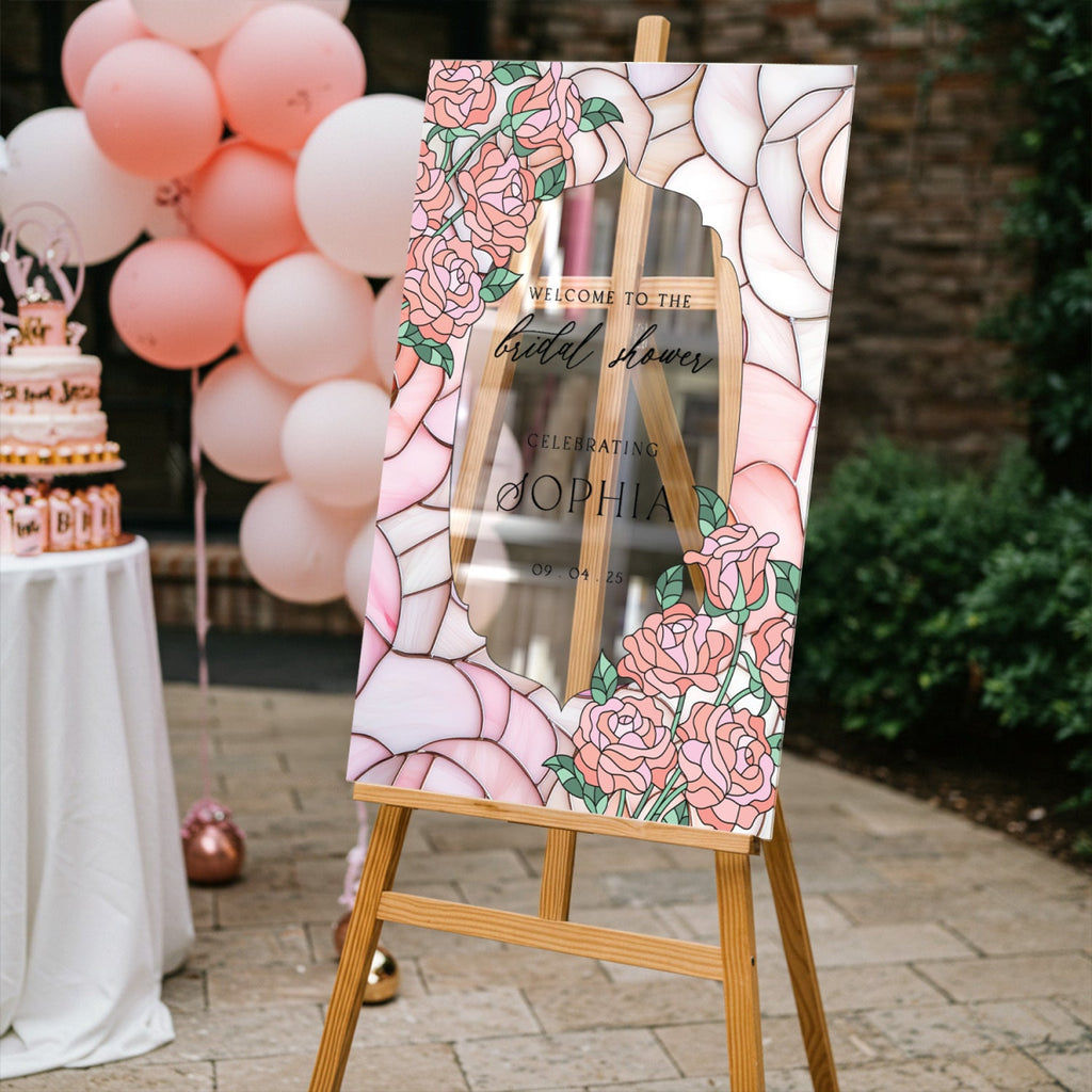 Pink Roses Bridal Shower Sign, Mirror Bridal Shower Welcome Sign - SpeedyOrders