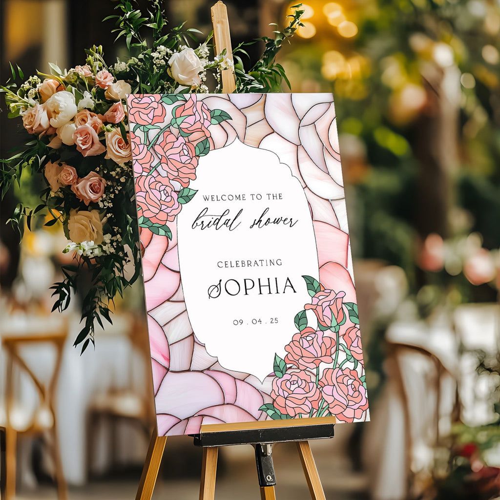 Pink Roses Bridal Shower Sign, Mirror Bridal Shower Welcome Sign - SpeedyOrders