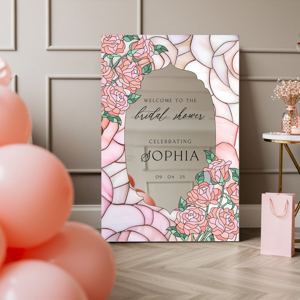 Pink Roses Bridal Shower Sign, Mirror Bridal Shower Welcome Sign - SpeedyOrders
