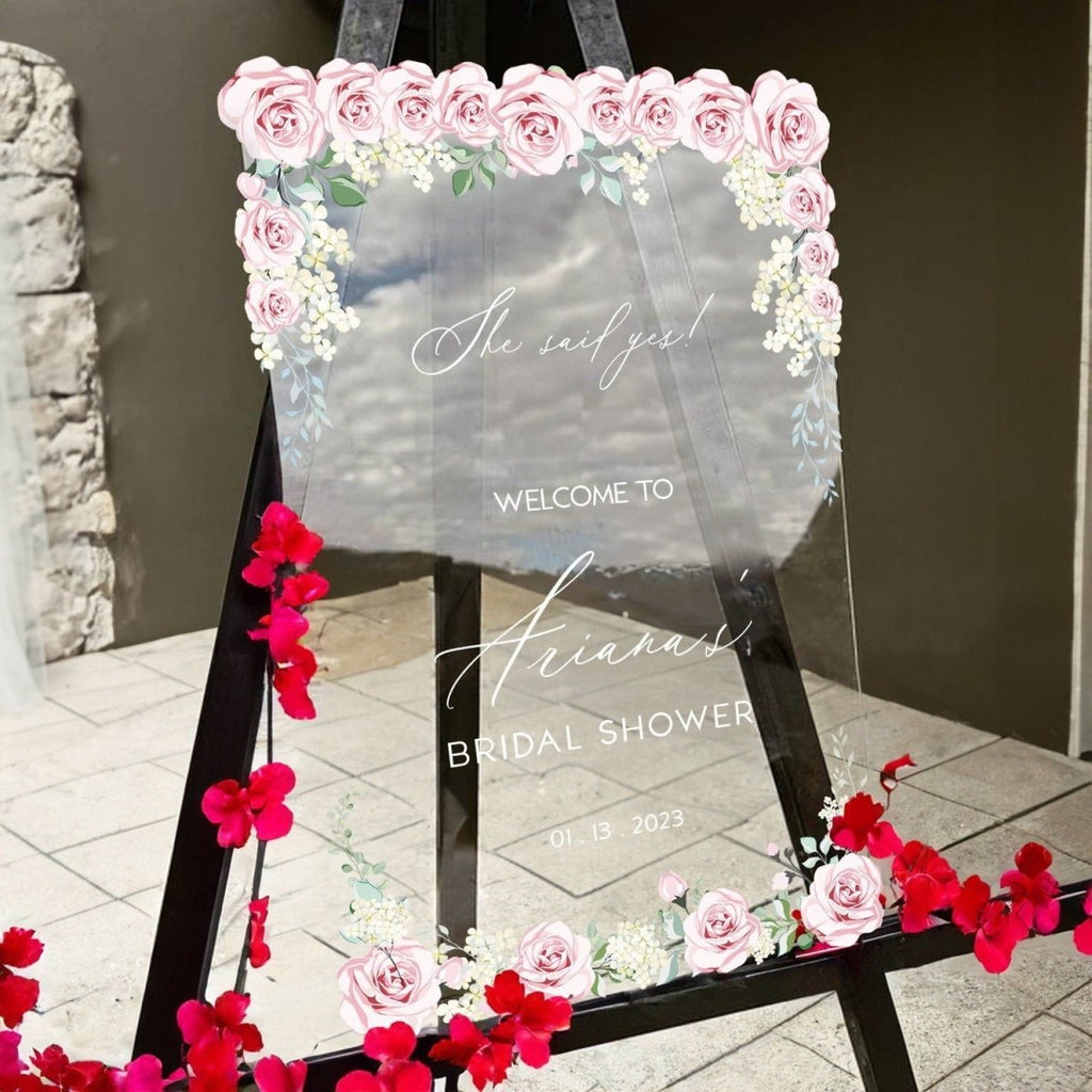 Pink Roses Floral Shower Welcome Sign, Bridal Shower Sign - SpeedyOrders