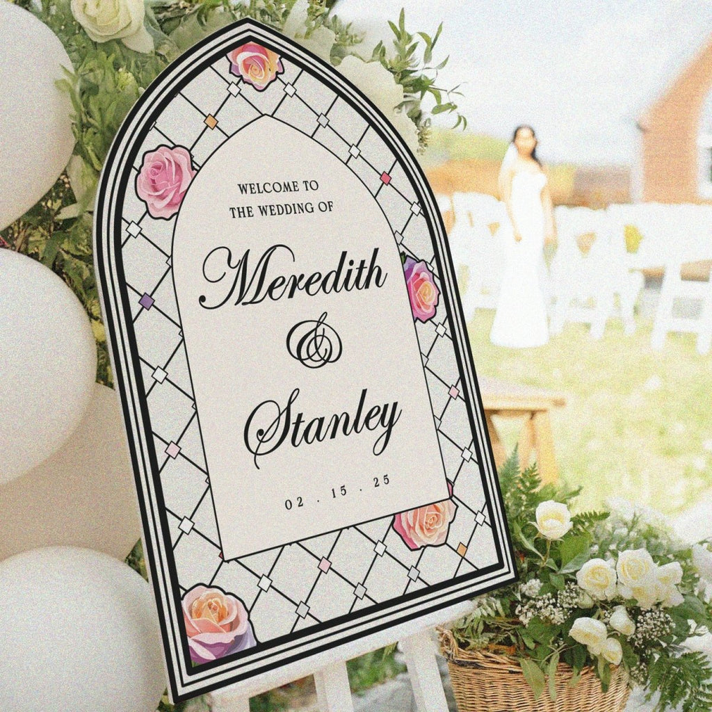 Pink Roses Stained Glass Wedding Sign, Wedding Welcome Sign - SpeedyOrders