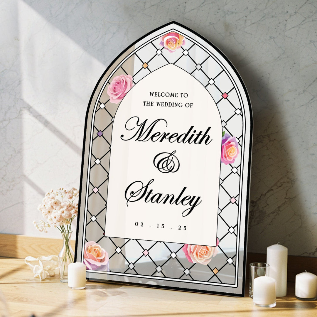 Pink Roses Stained Glass Wedding Sign, Wedding Welcome Sign - SpeedyOrders