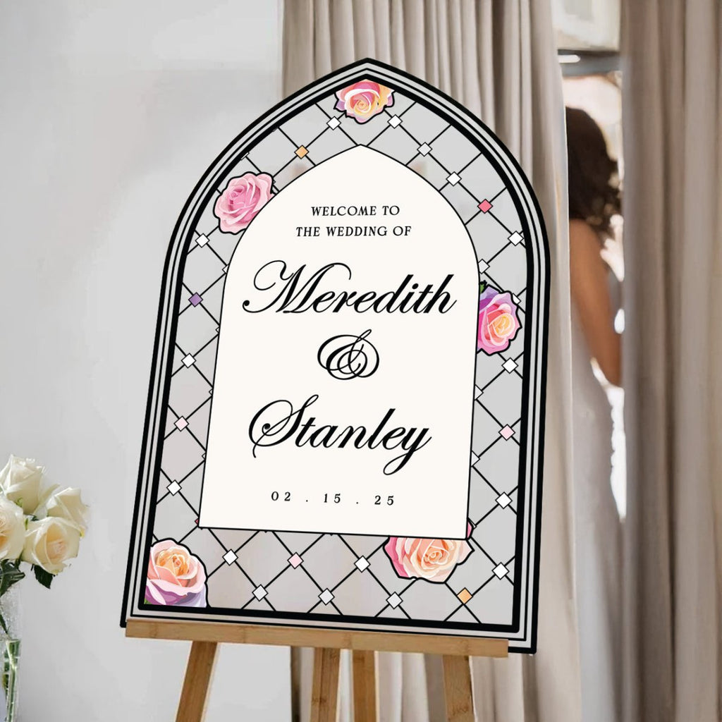 Pink Roses Stained Glass Wedding Sign, Wedding Welcome Sign - SpeedyOrders