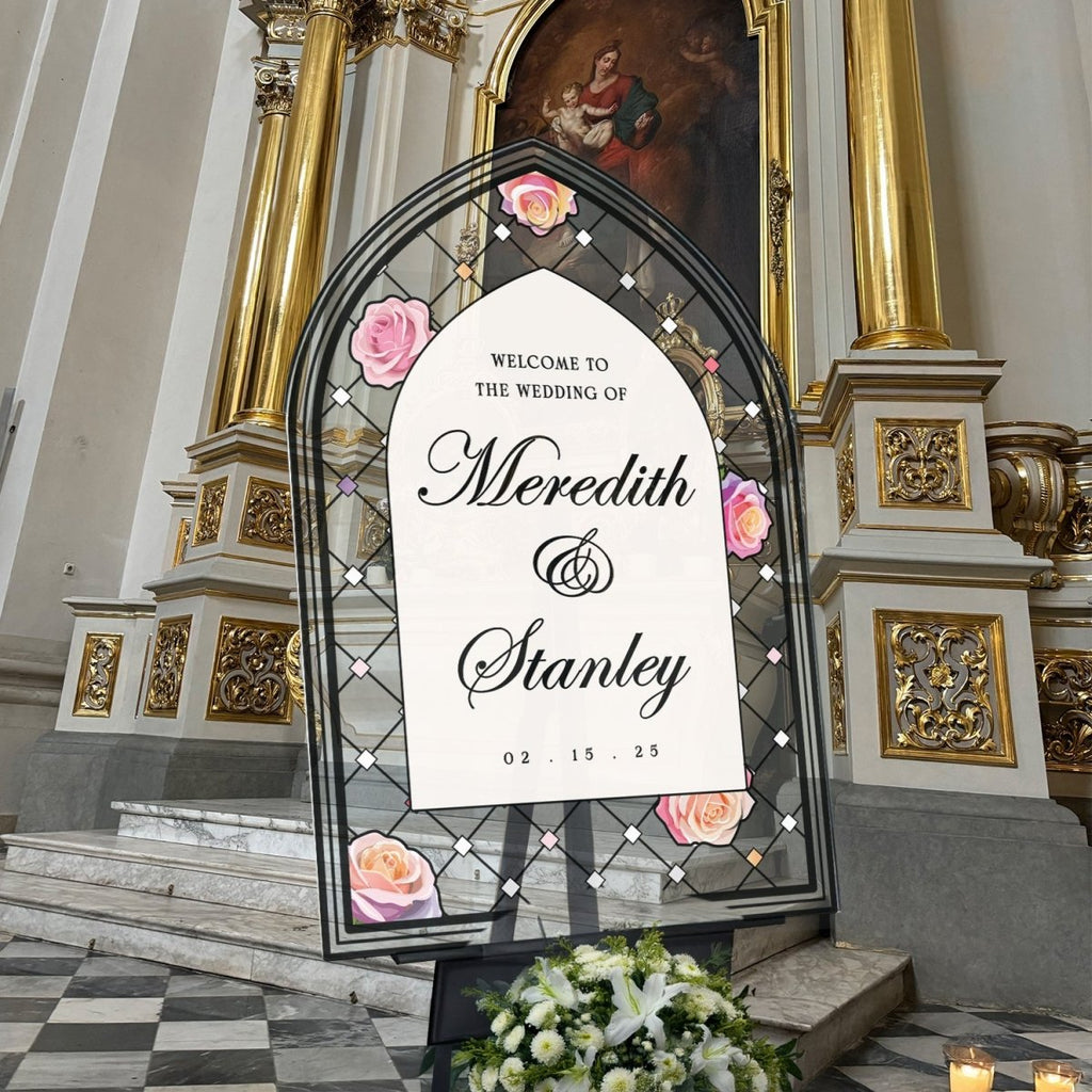Pink Roses Stained Glass Wedding Sign, Wedding Welcome Sign - SpeedyOrders