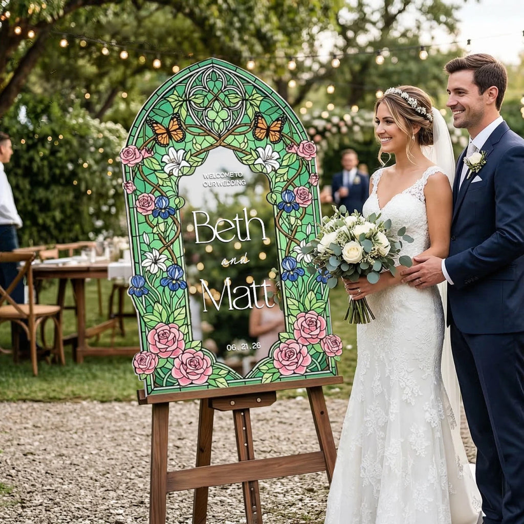 Pink Roses Stained Glass Wedding Welcome Signs – SpeedyOrders