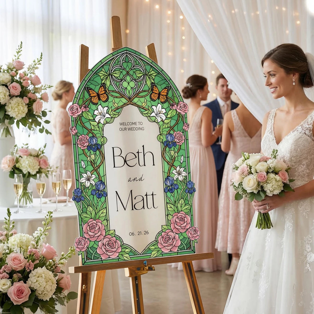 Pink Roses Stained Glass Wedding Welcome Signs - SpeedyOrders