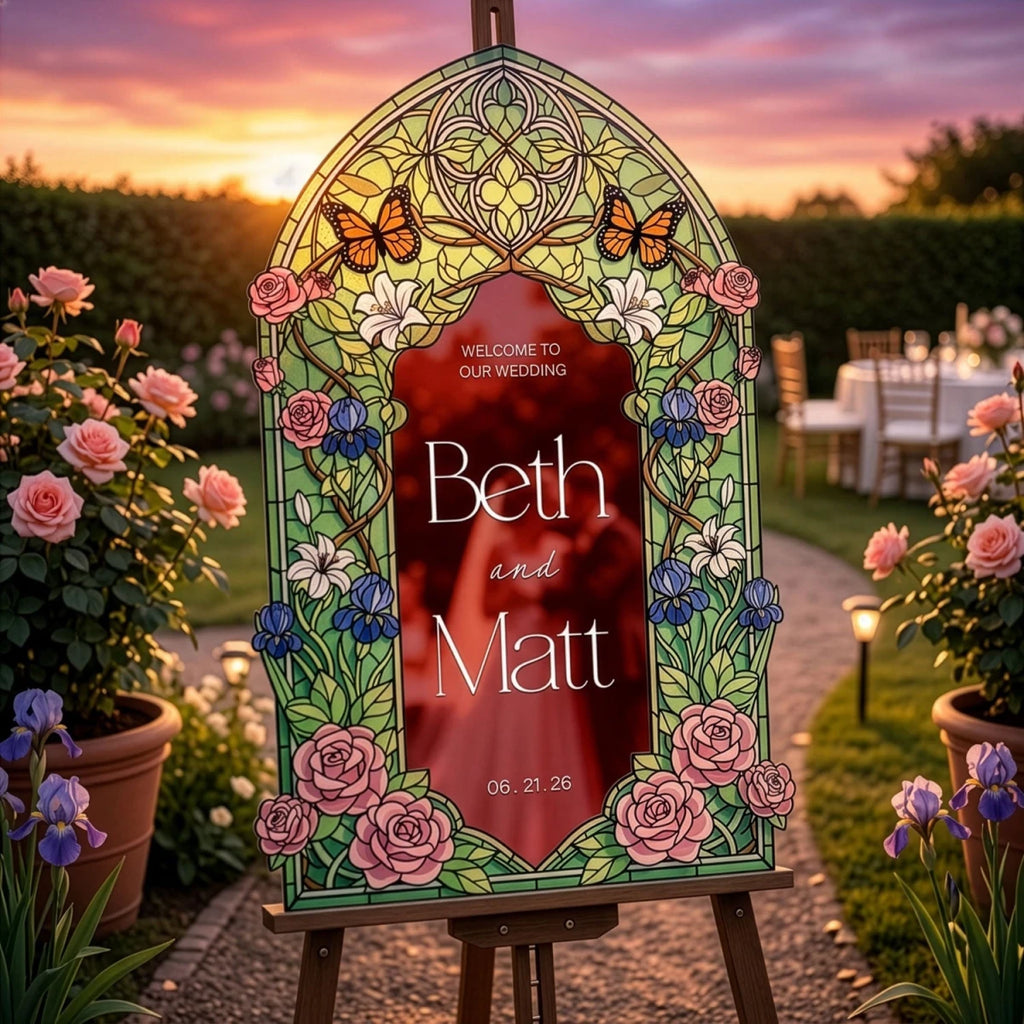 Pink Roses Stained Glass Wedding Welcome Signs – SpeedyOrders