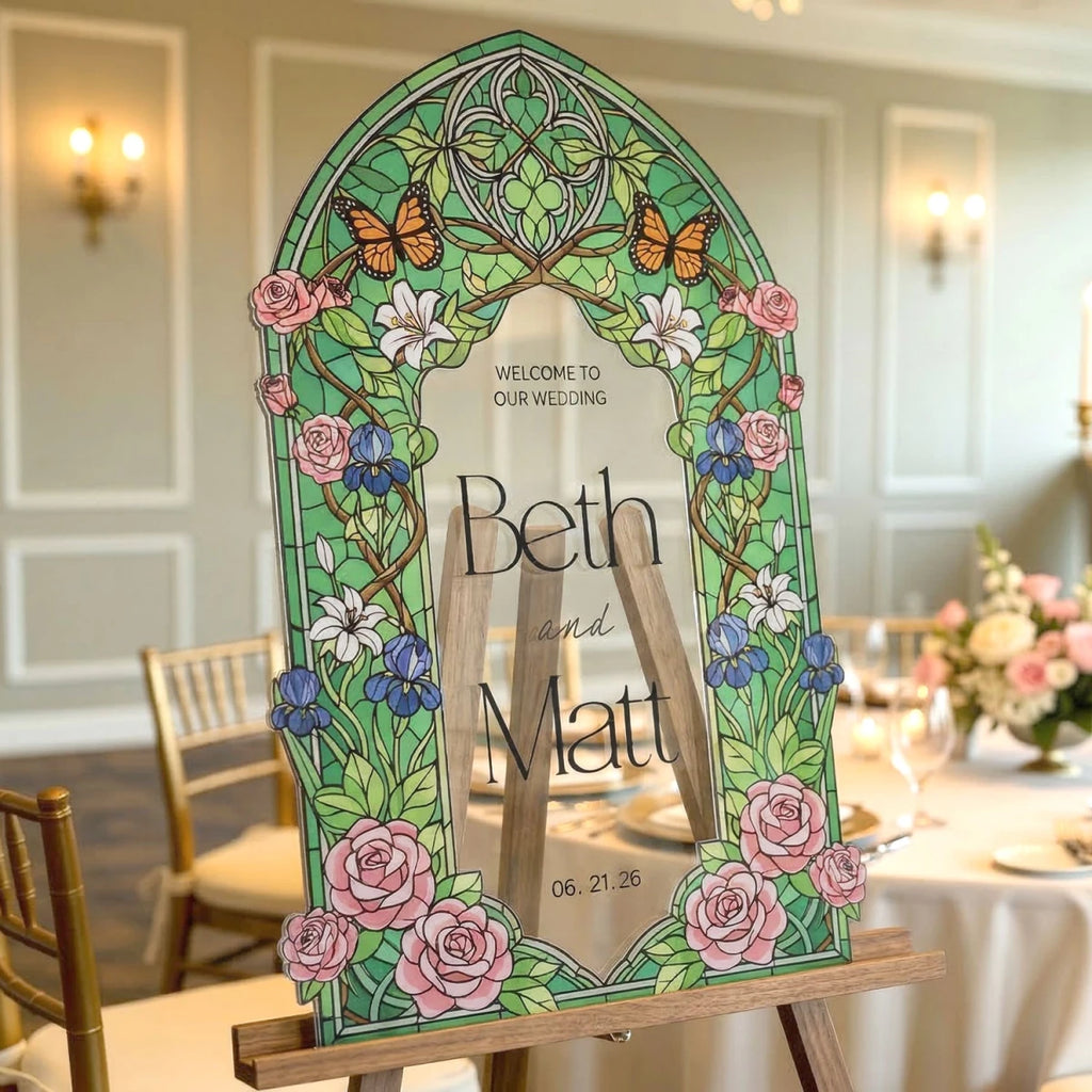 Pink Roses Stained Glass Wedding Welcome Signs – SpeedyOrders