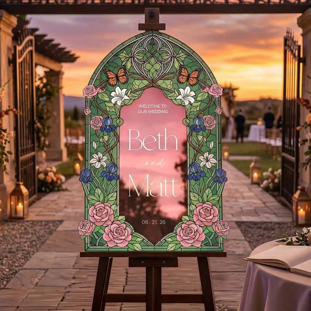 Pink Roses Stained Glass Wedding Welcome Signs – SpeedyOrders