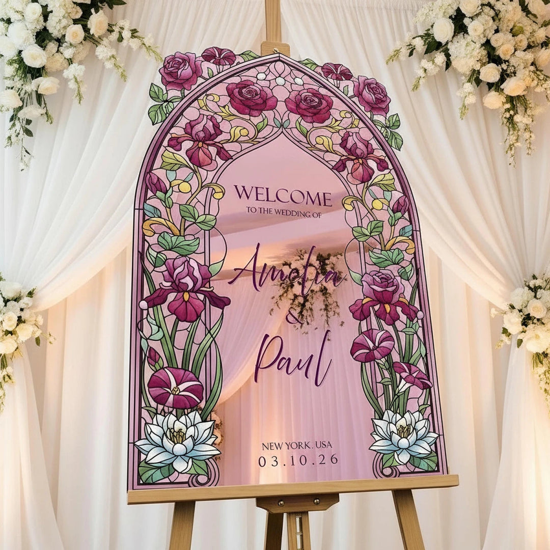 Pink Roses Wedding Welcome Sign, Stained Glass Wedding Sign - SpeedyOrders