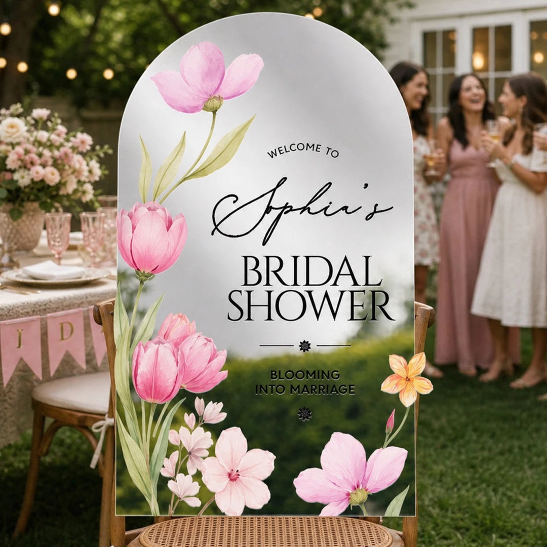 Pink Tulip Floral Bridal Shower Welcome Sign — Botanical Arch - SpeedyOrders