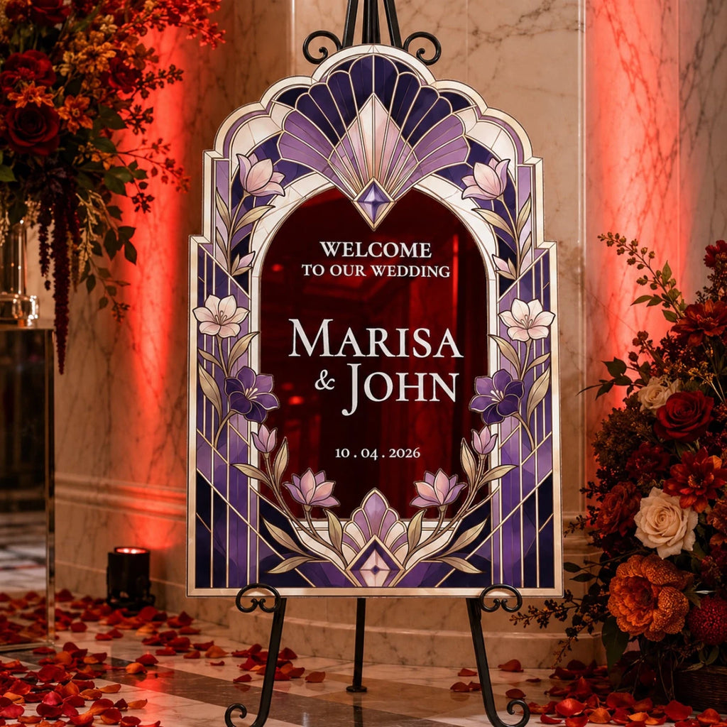 Custom Purple Art Deco Stained Glass Wedding Sign | SpeedyOrders