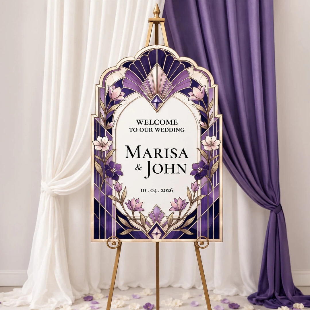 Purple Art Deco Stained Glass Wedding Welcome Sign - SpeedyOrders