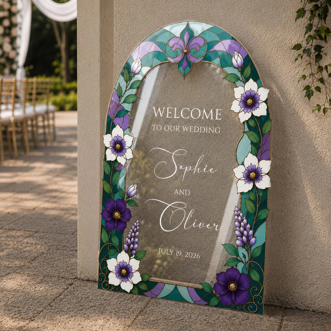 Purple Cosmos Stained Glass Wedding Welcome Sign — Teal Arch - SpeedyOrders