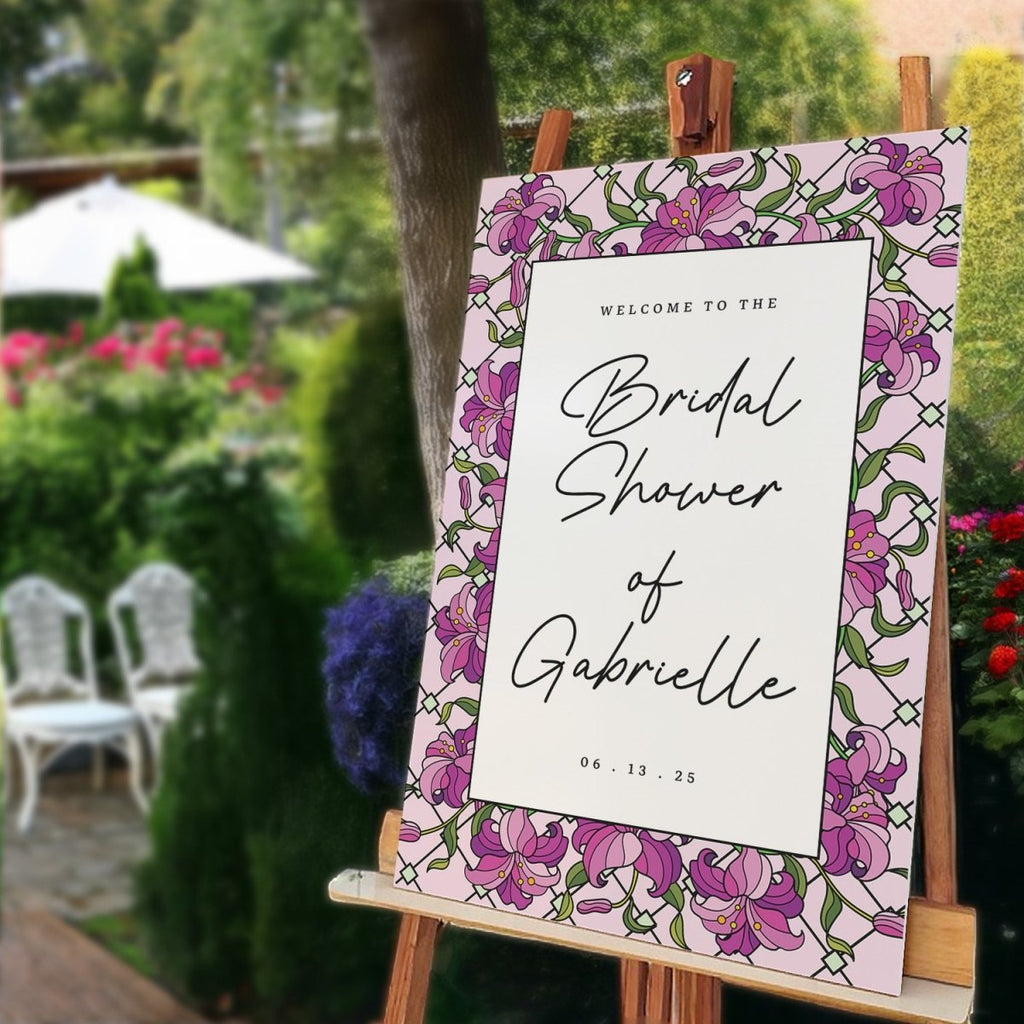 Purple Floral Stained Glass Bridal Shower Sign - SpeedyOrders