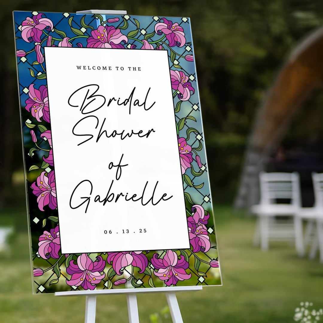 Purple Floral Stained Glass Bridal Shower Sign - SpeedyOrders