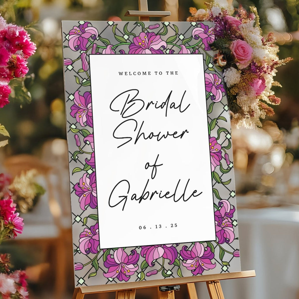 Purple Floral Stained Glass Bridal Shower Sign - SpeedyOrders