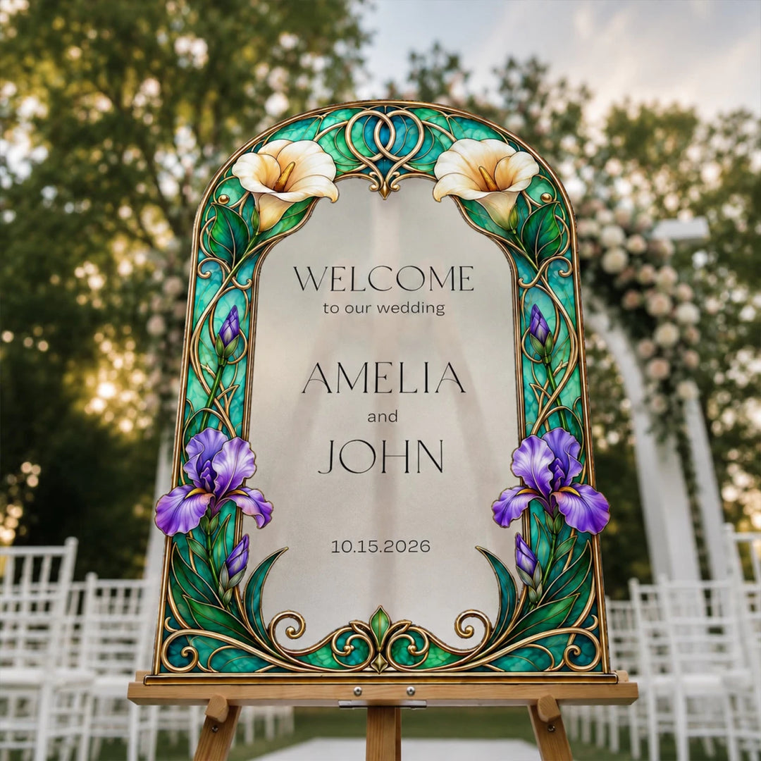Purple Iris Stained Glass Wedding Welcome Sign - SpeedyOrders