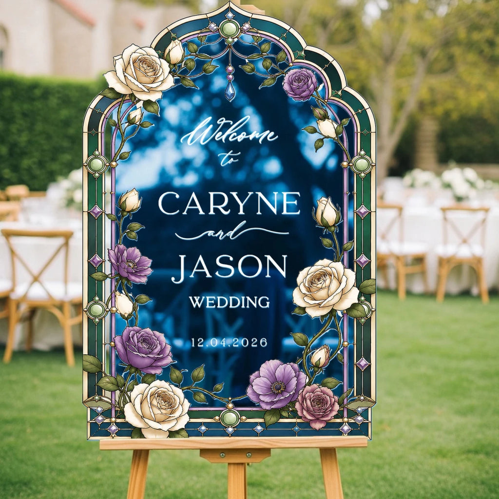 Custom Purple Rose Stained Glass Wedding Sign | SpeedyOrders