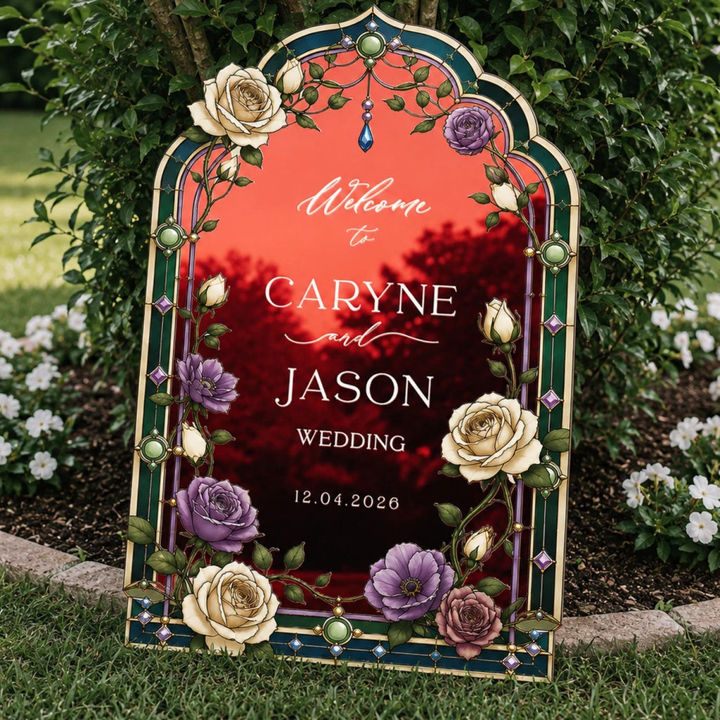 Custom Purple Rose Stained Glass Wedding Sign | SpeedyOrders