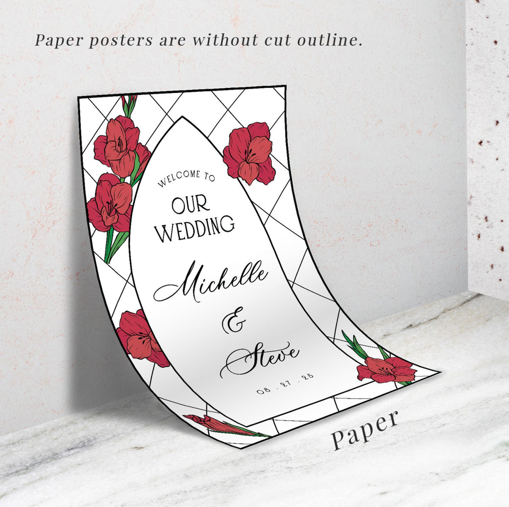 Red Dahlias Wedding Sign, Floral Welcome Sign with Stain Glass Style - SpeedyOrders