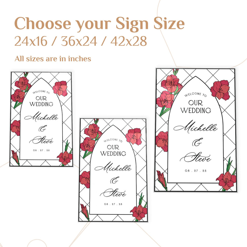 Red Dahlias Wedding Sign, Floral Welcome Sign with Stain Glass Style - SpeedyOrders