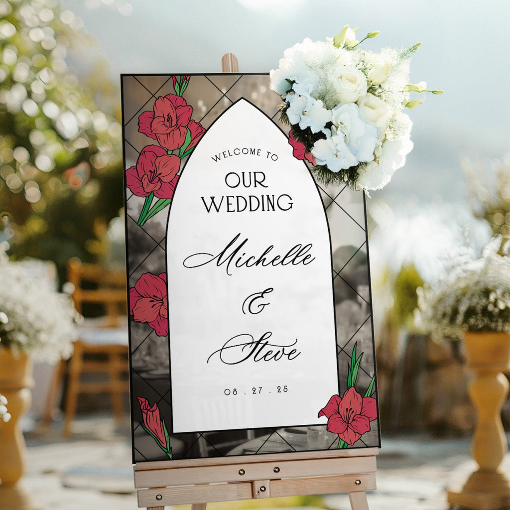 Red Dahlias Wedding Sign, Floral Welcome Sign with Stain Glass Style - SpeedyOrders