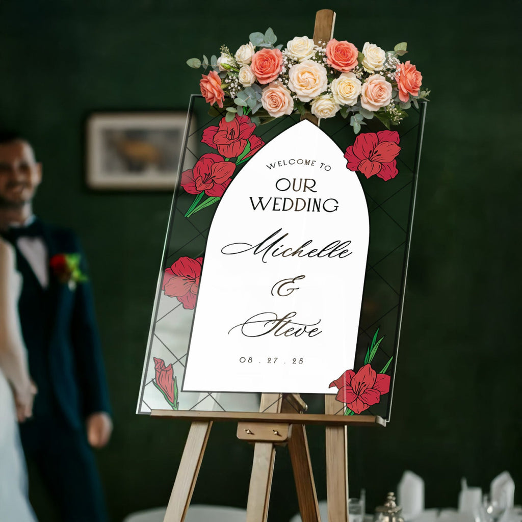 Red Dahlias Wedding Sign, Floral Welcome Sign with Stain Glass Style - SpeedyOrders