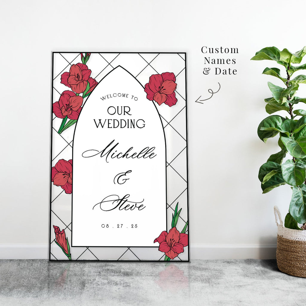 Red Dahlias Wedding Sign, Floral Welcome Sign with Stain Glass Style - SpeedyOrders