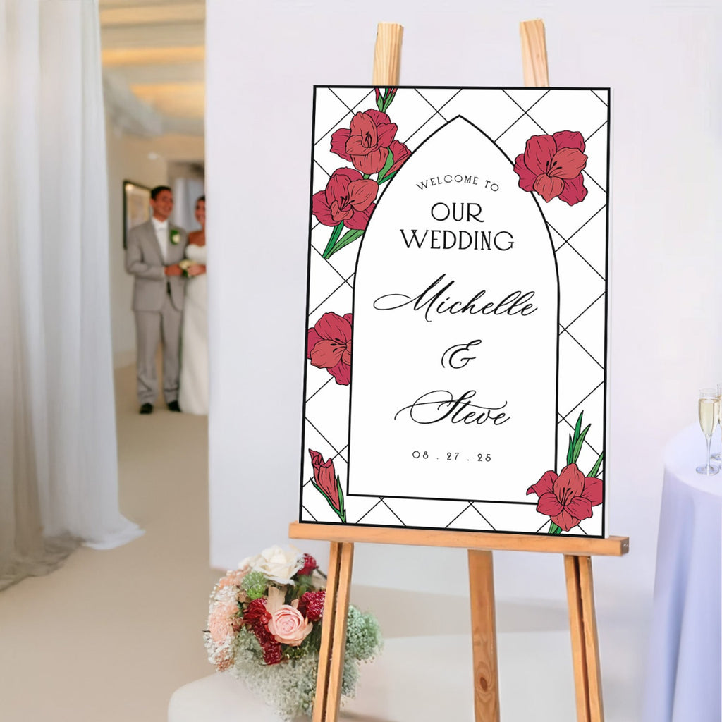 Red Dahlias Wedding Sign, Floral Welcome Sign with Stain Glass Style - SpeedyOrders