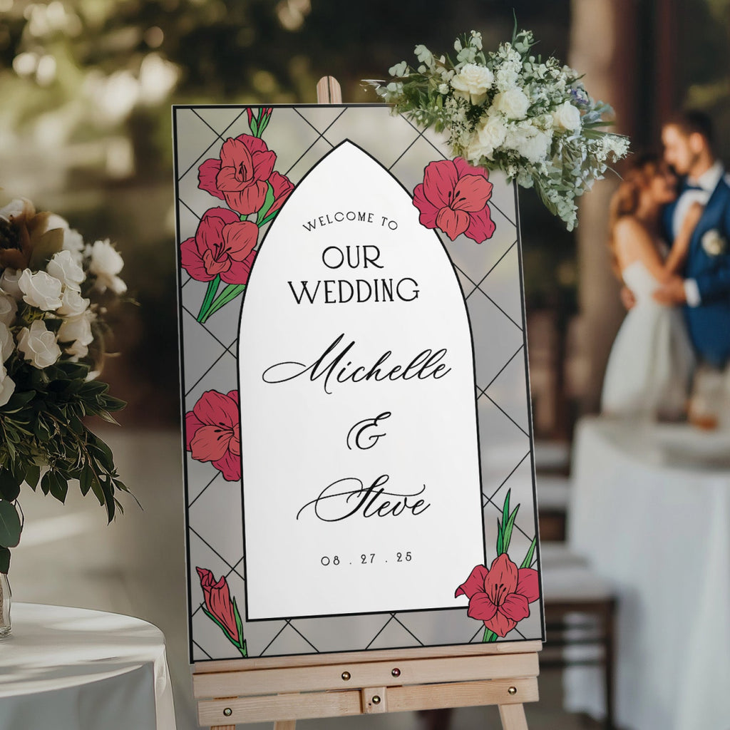 Red Dahlias Wedding Sign, Floral Welcome Sign with Stain Glass Style - SpeedyOrders