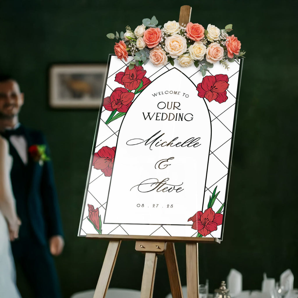 Red Dahlias Wedding Sign, Floral Welcome Sign with Stain Glass Style - SpeedyOrders