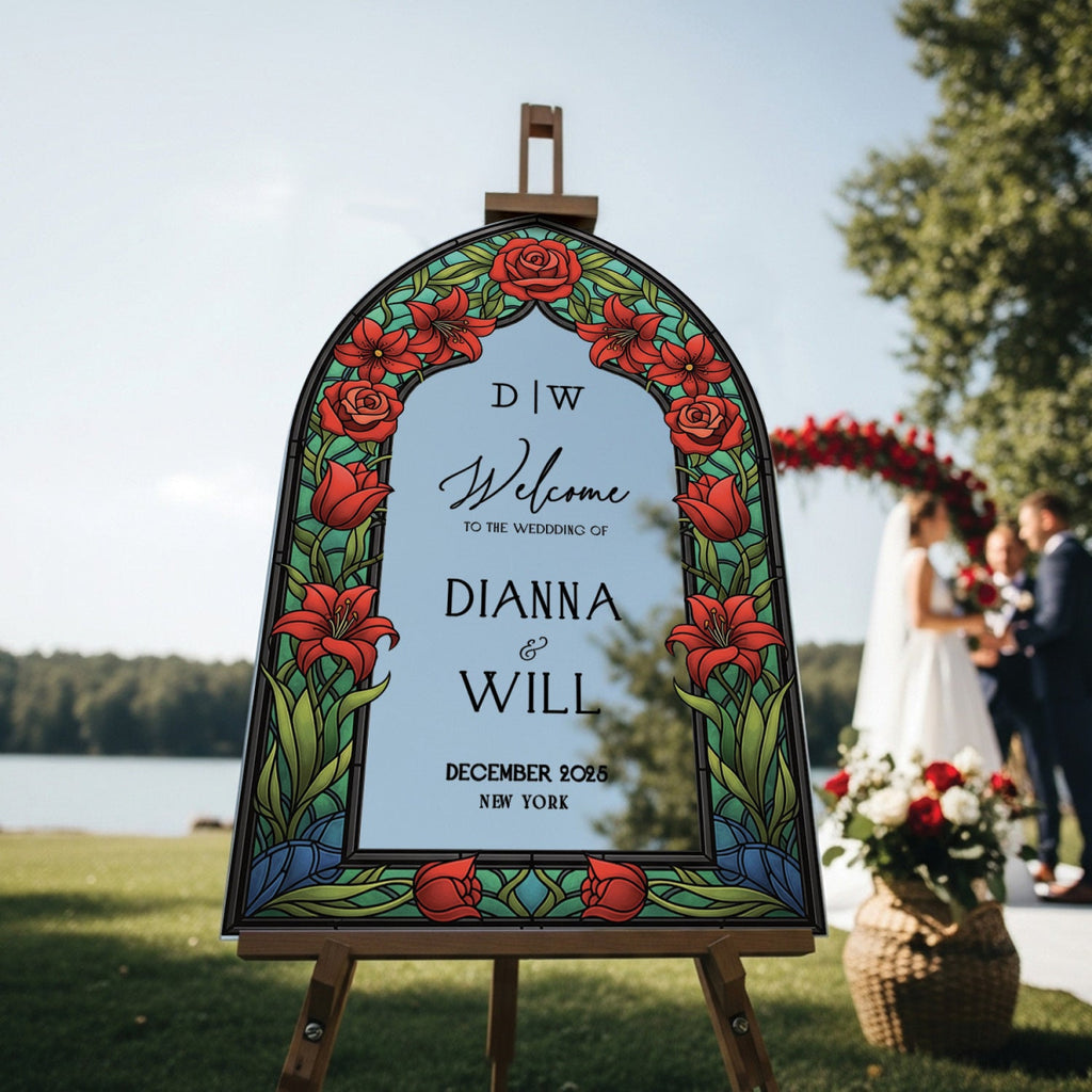 Red Floral Stained Glass Wedding Sign, Mirror Wedding Welcome Sign - SpeedyOrders